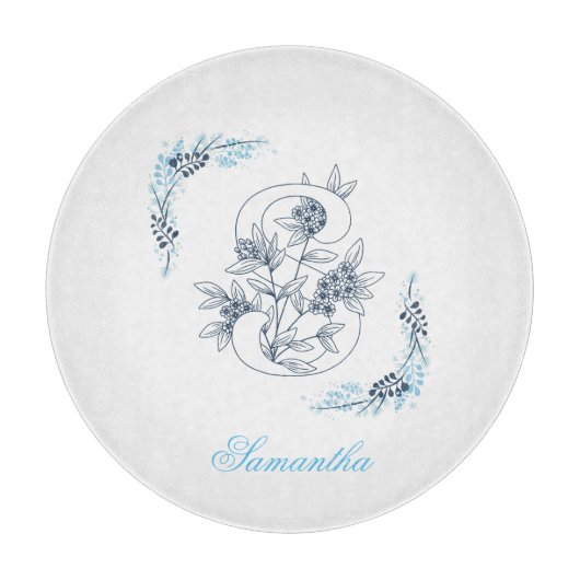 Initiaal "S" Blauw Monogram Kalm Bloemen Snijplank (Voorkant)