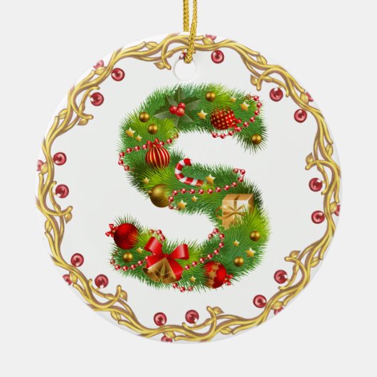 initiaal S monogrammed kerstversiering - cirkel Keramisch Ornament (Voorkant)