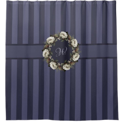 Initiaal Stripe Elegant Winter Garden Floral Wreat Douchegordijn (Voorkant)