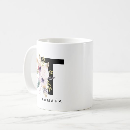 Initiaal "T" Alfabet Mok Monogram Boho Waterverf (Voorkant links)