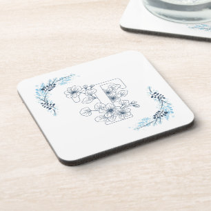 Initiaal "T" Blauw Monogram Kalm Bloemen Bier Onderzetter