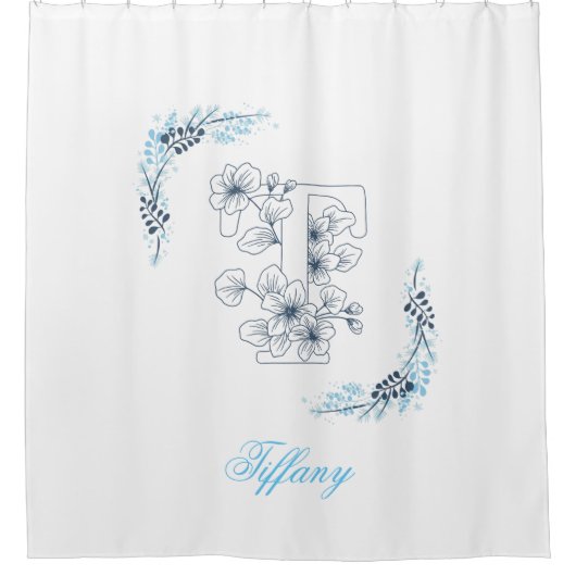 Initiaal "T" Blauw Monogram Kalm Bloemen Douchegordijn (Voorkant)