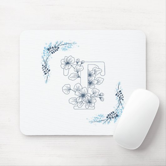 Initiaal "T" Blauw Monogram Kalm Bloemen Muismat (Met muis)