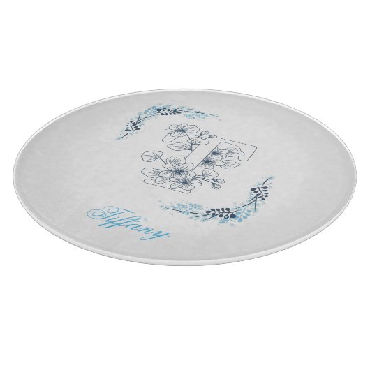 Initiaal "T" Blauw Monogram Kalm Bloemen Snijplank (Hoek)