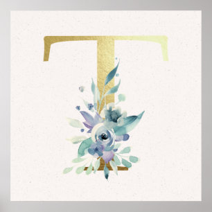 Initiaal T Golden en Blue Floral Monogram Poster