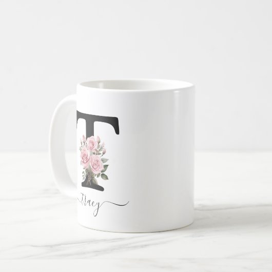 Initiaal T Monogram Bloembloem Roze Rozen Mok (Voorkant links)