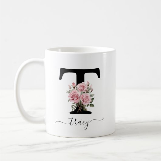 Initiaal T Monogram Bloembloem Roze Rozen Mok (Links)