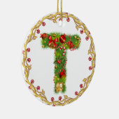 initiaal T monogrammed kerstversiering - cirkel Keramisch Ornament (Rechts)