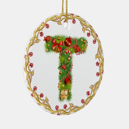 initiaal T monogrammed kerstversiering - cirkel Keramisch Ornament (Rechts)