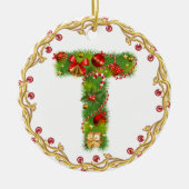 initiaal T monogrammed kerstversiering - cirkel Keramisch Ornament (Voorkant)