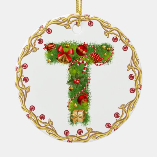 initiaal T monogrammed kerstversiering - cirkel Keramisch Ornament (Voorkant)