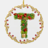 initiaal T monogrammed kerstversiering - cirkel Keramisch Ornament (Achterkant)
