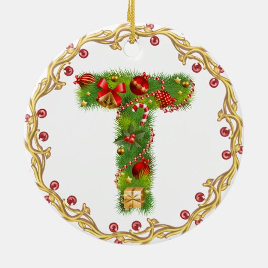 initiaal T monogrammed kerstversiering - cirkel Keramisch Ornament (Achterkant)