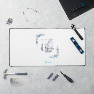 Initiaal "U" Blauw Monogram Kalme Bloemen Bureaumat