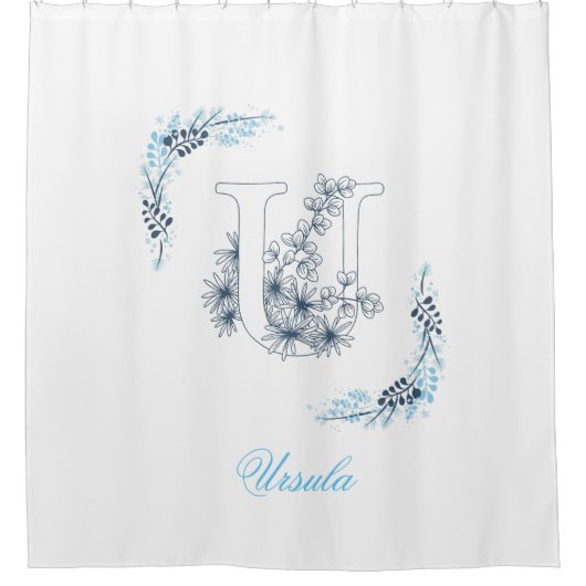 Initiaal "U" Blauw Monogram Kalme Bloemen Douchegordijn (Voorkant)