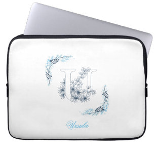 Initiaal "U" Blauw Monogram Kalme Bloemen Laptop Sleeve