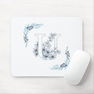 Initiaal "U" Blauw Monogram Kalme Bloemen Muismat
