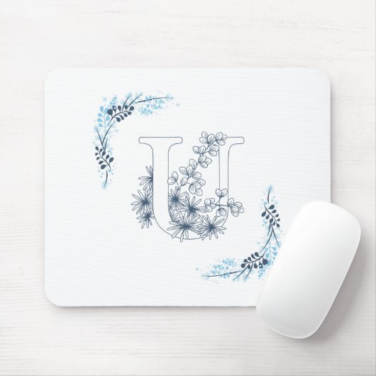 Initiaal "U" Blauw Monogram Kalme Bloemen Muismat (Met muis)