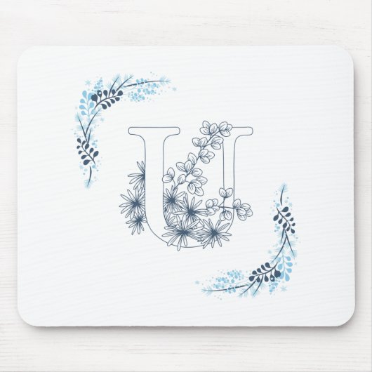 Initiaal "U" Blauw Monogram Kalme Bloemen Muismat (Voorkant)