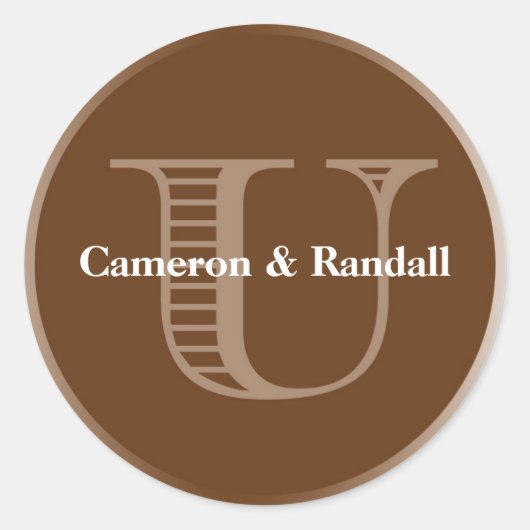 Initiaal U-label voor bruine monogram Ronde Sticker (Voorkant)