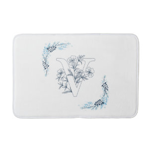 Initiaal "V" Blauw Monogram Kalme Bloemen Badmat
