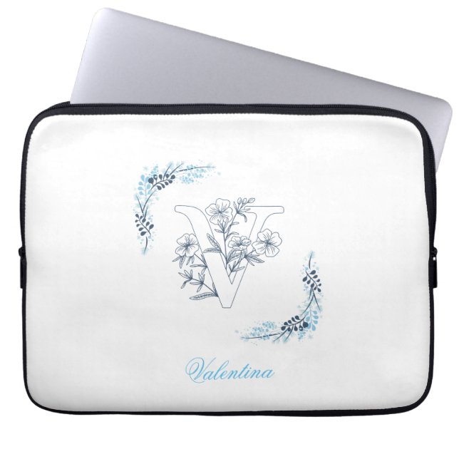 Initiaal "V" Blauw Monogram Kalme Bloemen Laptop Sleeve (Voorkant)