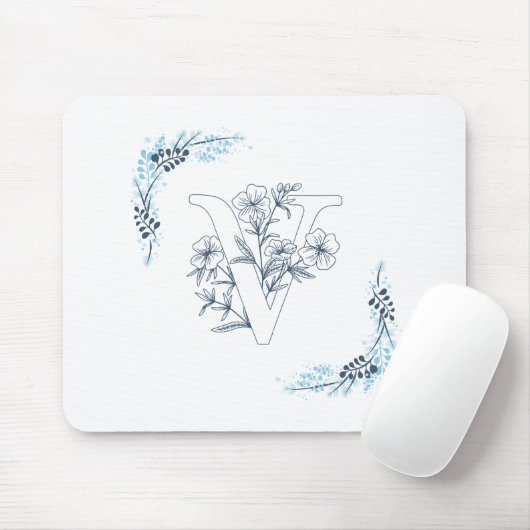 Initiaal "V" Blauw Monogram Kalme Bloemen Muismat (Met muis)