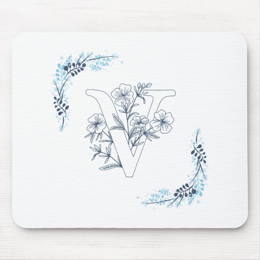 Initiaal "V" Blauw Monogram Kalme Bloemen Muismat (Voorkant)