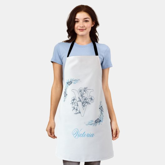 Initiaal "V" Blauw Monogram Kalme Bloemen Schort (Gedragen)