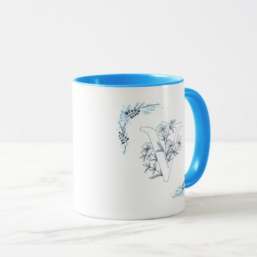 Initiaal "V" Blauw Monogram Kalme Bloemenkoffie Mok (Voorkant rechts)