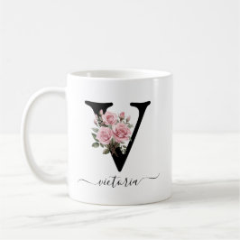 Initiaal V Monogram Bloembloem Roze Rozen Mok