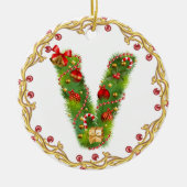 initiaal V monogramme kerstversiering - cirkel Keramisch Ornament (Voorkant)