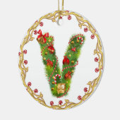 initiaal V monogramme kerstversiering - cirkel Keramisch Ornament (Links)