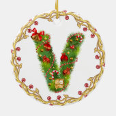 initiaal V monogramme kerstversiering - cirkel Keramisch Ornament (Achterkant)
