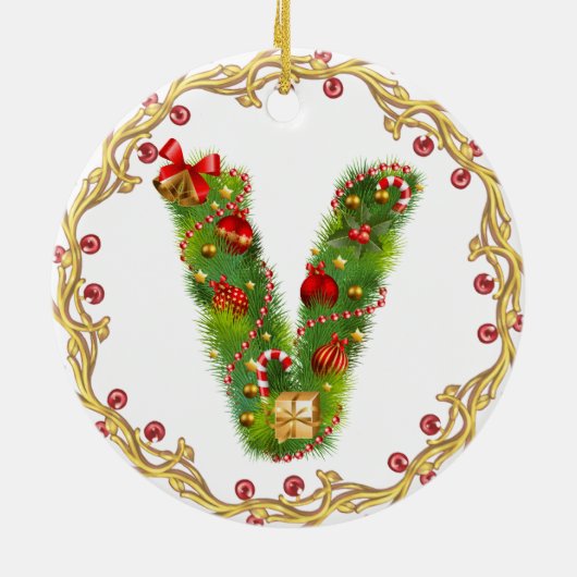 initiaal V monogramme kerstversiering - cirkel Keramisch Ornament (Achterkant)