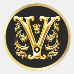Initiaal V ronde Sticker in goud