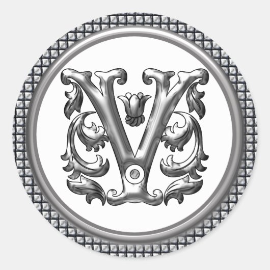 Initiaal V Ronde Sticker in Zilver (Voorkant)