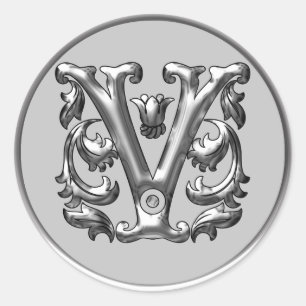 Initiaal V Ronde Sticker in zilver