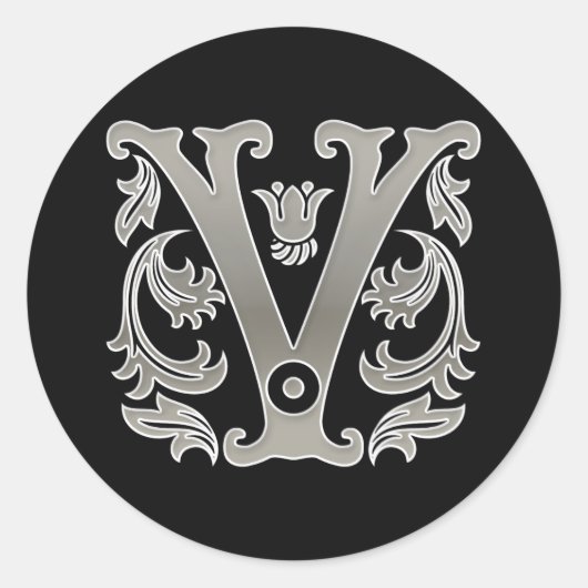Initiaal V Ronde Sticker in zilver (Voorkant)