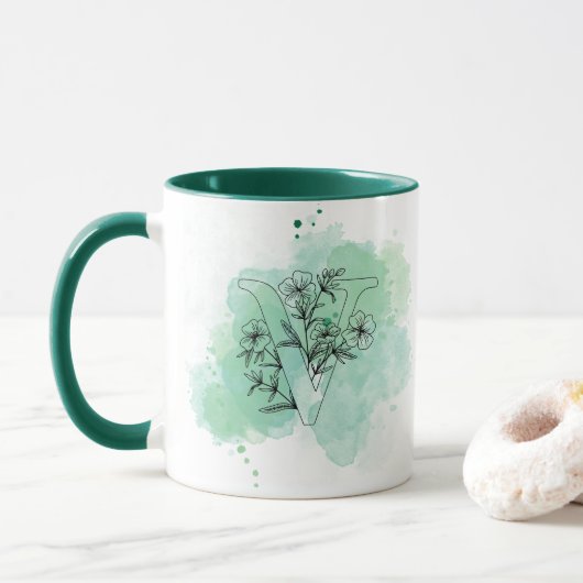 Initiaal V Waterverf Monogram Groen Botanisch Mok (Met donut)