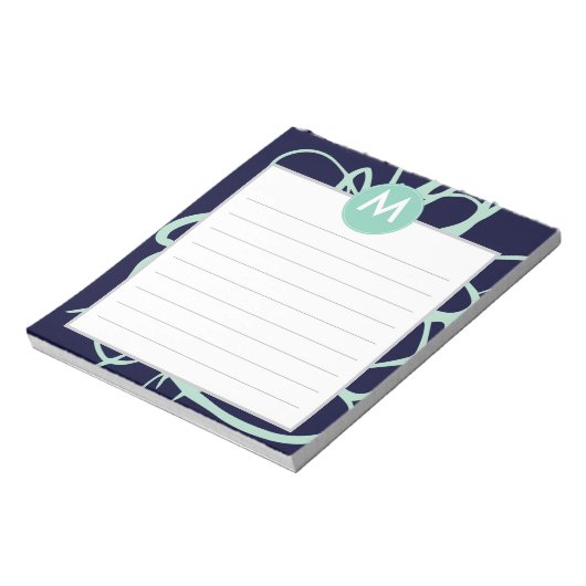 Initiaal van het monogram Navy & Mint Brushstrokes Notitieblok (Linkerzijde)