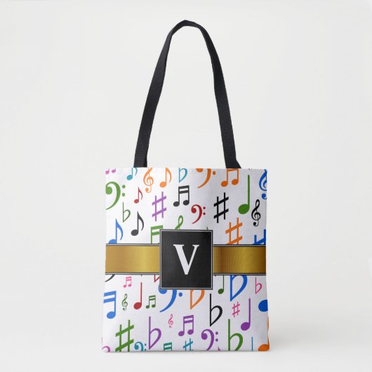 Initiaal + Veel kleurrijke Muzieknoten en symbolen Tote Bag (Voorkant)
