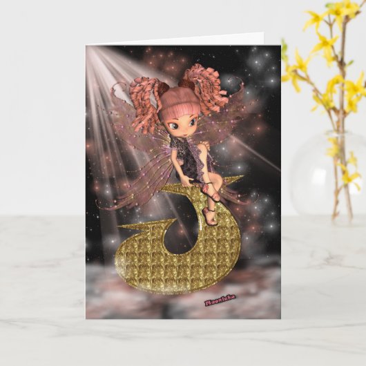 Initiaal Verjaardag Kaart J, Schattigee kleine fee (Gele Bloem)