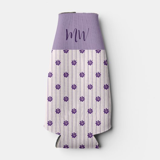 Initiaal Violet Stripes en Purple Flowers Flesjeskoeler (Voorkant)