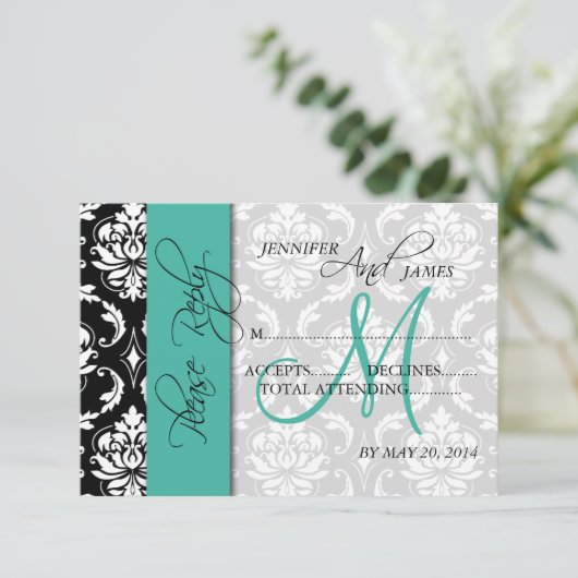 Initiaal voor bruiloft RSVP-kaart Damask Turquoise RSVP Kaartje (Staand voorkant)