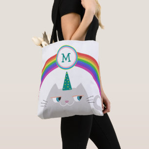 Initiaal voor eenhoornkat en regenboog tote bag