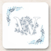 Initiaal "W" Blauw Monogram Kalme Bloemen Bier Onderzetter (Voorkant)