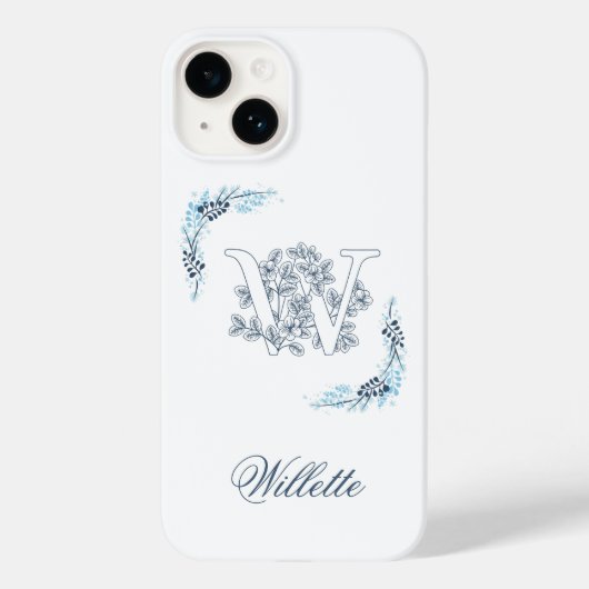 Initiaal "W" Blauw Monogram Kalme Bloemen Case-Mate iPhone Case (Achterkant)