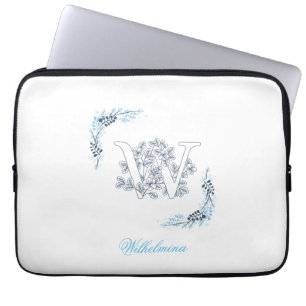 Initiaal "W" Blauw Monogram Kalme Bloemen Laptop Sleeve