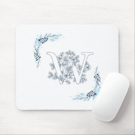 Initiaal "W" Blauw Monogram Kalme Bloemen Muismat